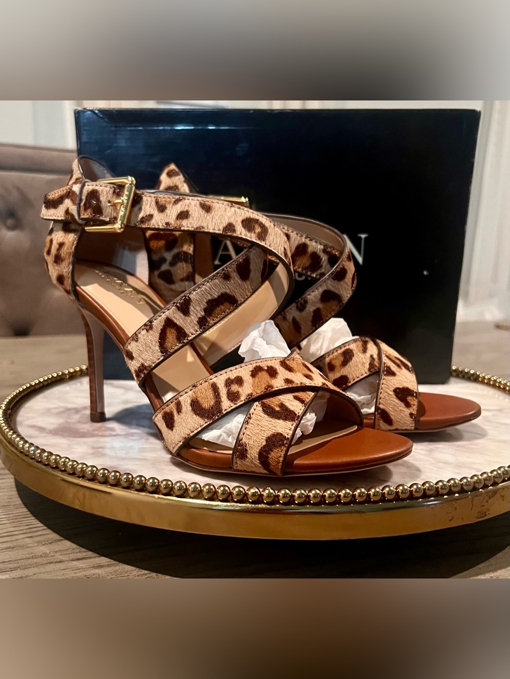 Ralph Lauren Gissella Leopard Print Leather Heel Sandals - Sz. 6.5 NWB